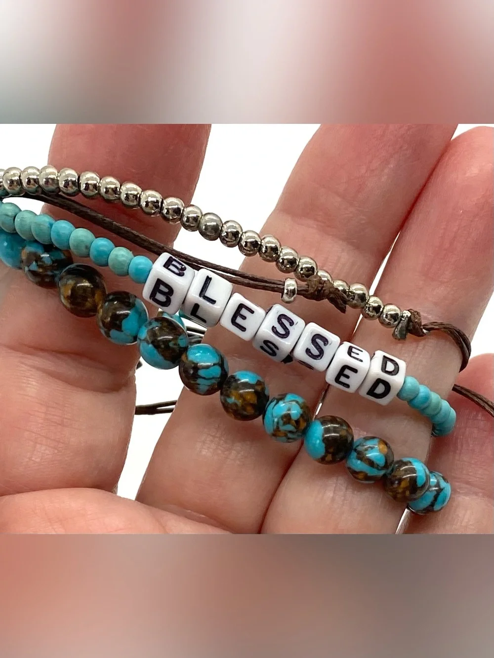 Hello Happy Turquoise Blue Brown Beaded Bracelet Boho Fall Festival Southwestern
